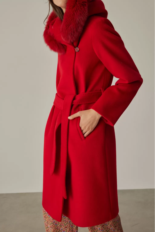 Fur Detailed Pintucks Stitched Red Women’s Coat - Image 3