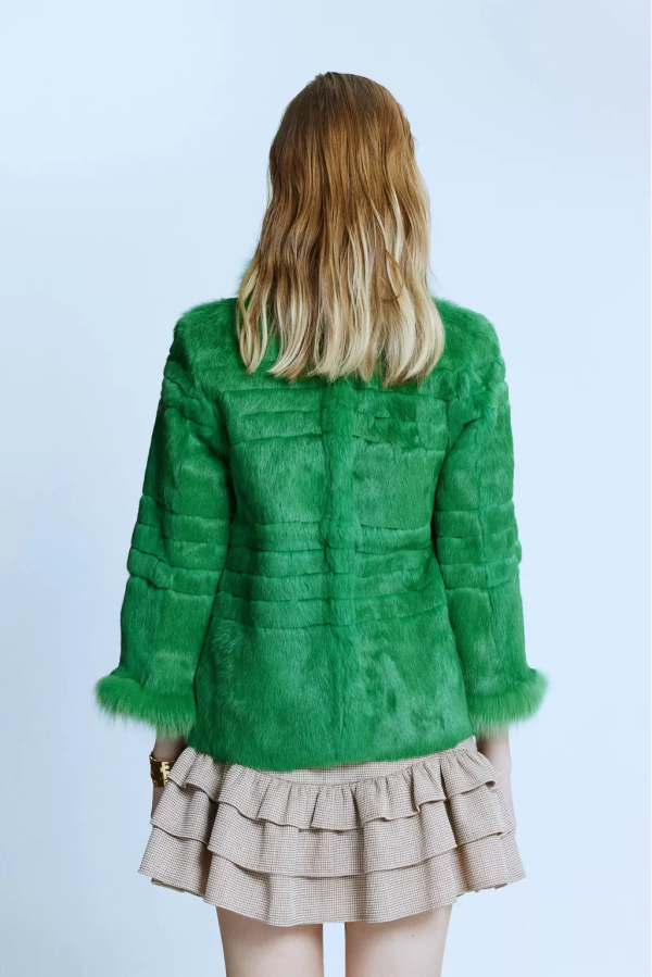 Fox Detailed Cascading Short Green Fur Coat - Image 4