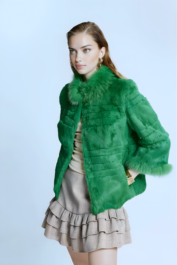 Fox Detailed Cascading Short Green Fur Coat