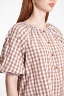 Balloon Sleeve Checked Light Brown Blouse