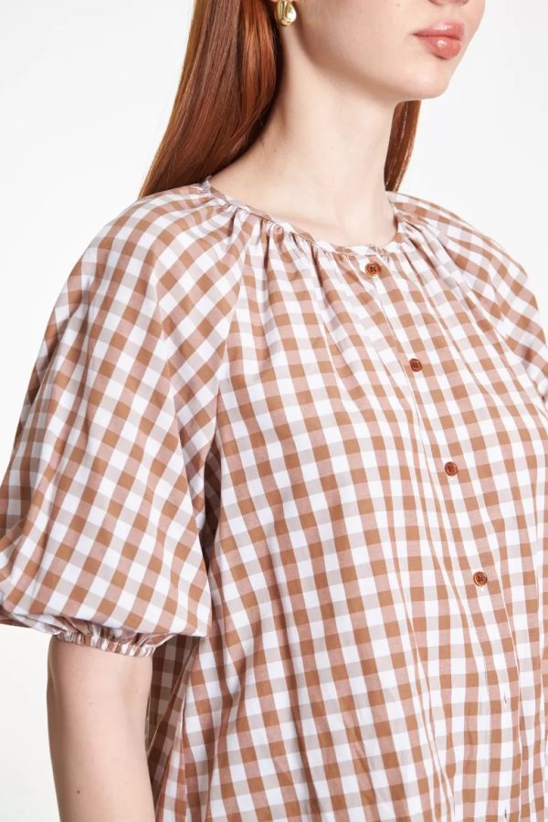 Balloon Sleeve Checked Light Brown Blouse - Image 6