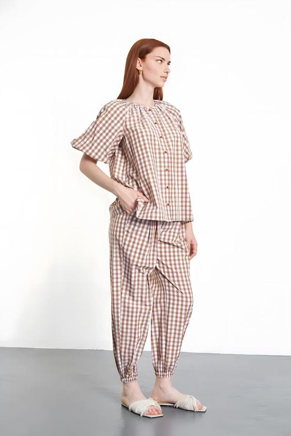 Balloon Sleeve Checked Light Brown Blouse - Image 3