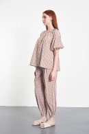 Balloon Sleeve Checked Light Brown Blouse