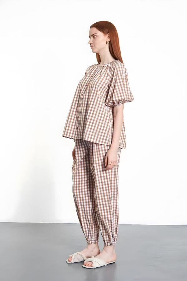 Balloon Sleeve Checked Light Brown Blouse - Image 2