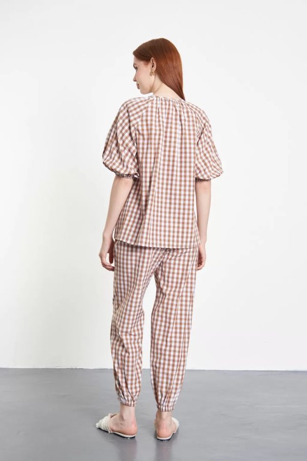 Balloon Sleeve Checked Light Brown Blouse - Image 4