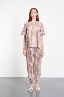 Balloon Sleeve Checked Light Brown Blouse