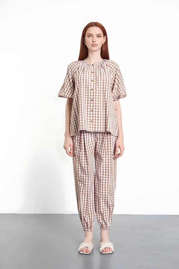 Balloon Sleeve Checked Light Brown Blouse