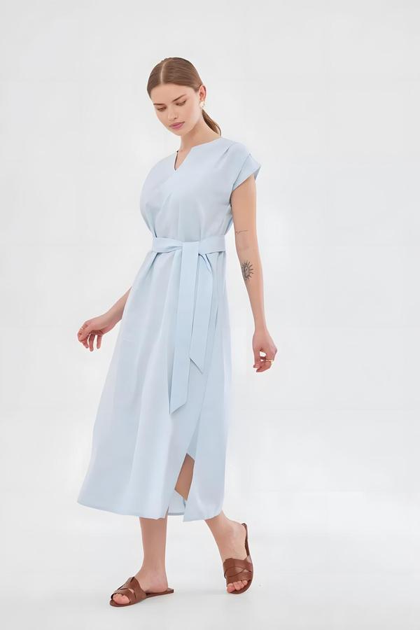 Light Blue Dress with Belted Waist and Slits - Image 3