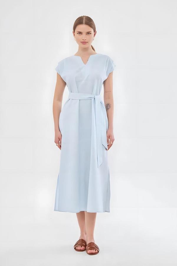 Light Blue Dress with Belted Waist and Slits