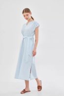 Light Blue Dress with Belted Waist and Slits