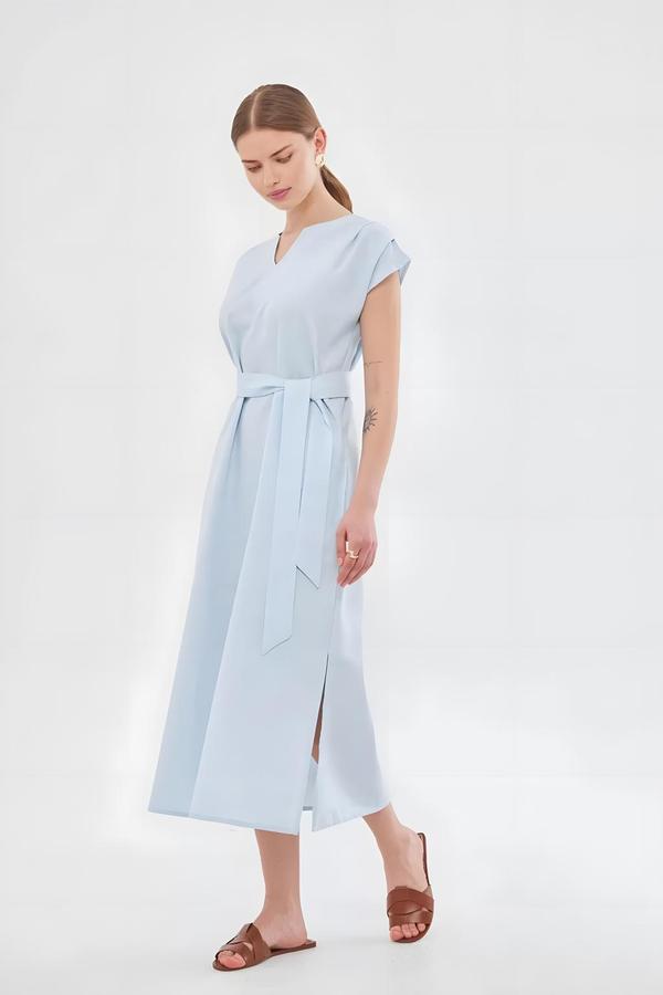 Light Blue Dress with Belted Waist and Slits - Image 2