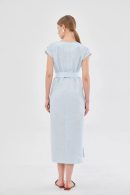 Light Blue Dress with Belted Waist and Slits