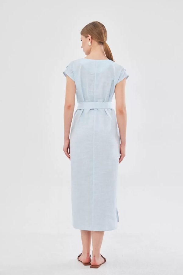 Light Blue Dress with Belted Waist and Slits - Image 4