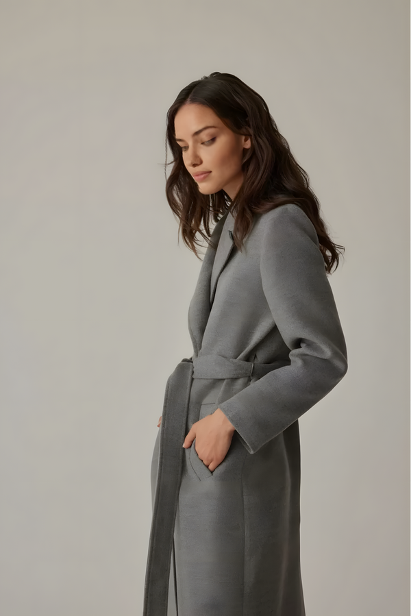 Double-breasted Collar Belted Gray Melange Women’s Coat - Image 5