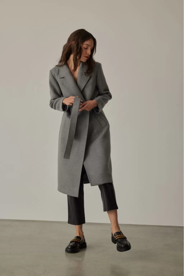 Double-breasted Collar Belted Gray Melange Women’s Coat - Image 2