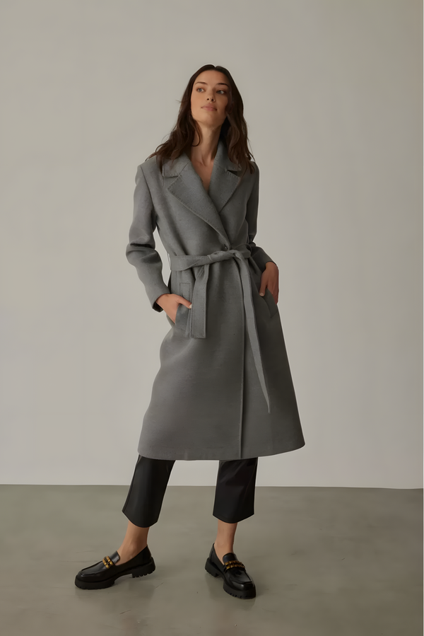 Double-breasted Collar Belted Gray Melange Women’s Coat