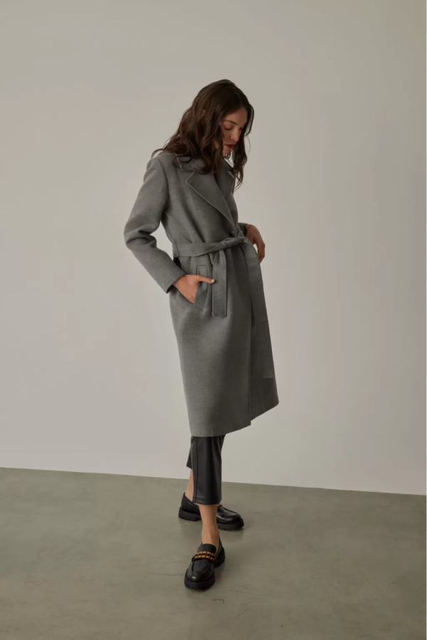 Double-breasted Collar Belted Gray Melange Women’s Coat - Image 3