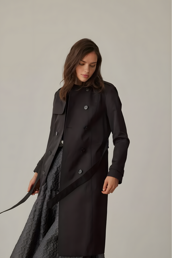 Double-breasted Collar Fitted Black Trench Coat - Image 2