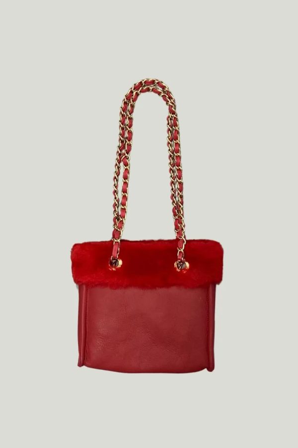 Fur Detailed Chain Strap Red Bag - Image 2