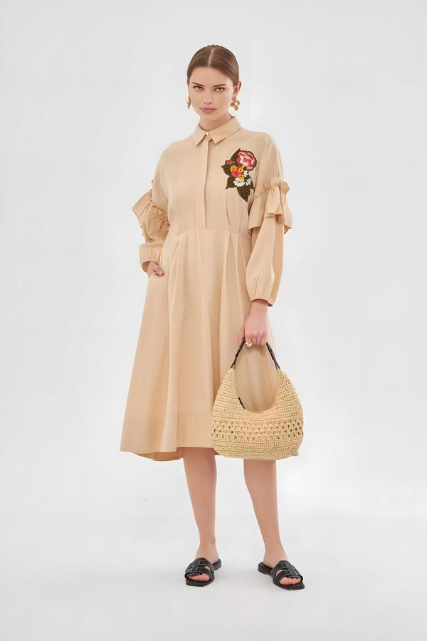 Embroidery Detailed Camel Dress - Image 3