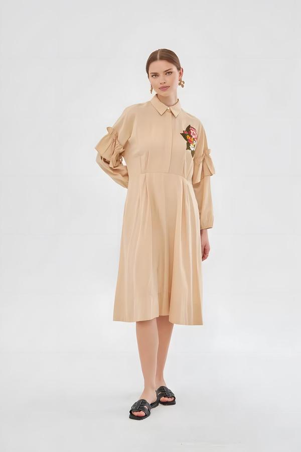 Embroidery Detailed Camel Dress - Image 2