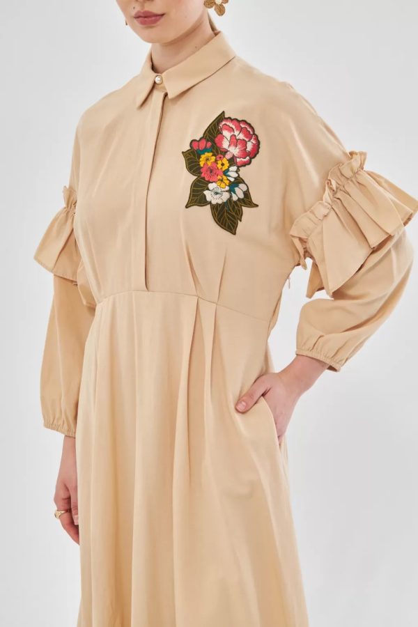 Embroidery Detailed Camel Dress - Image 5