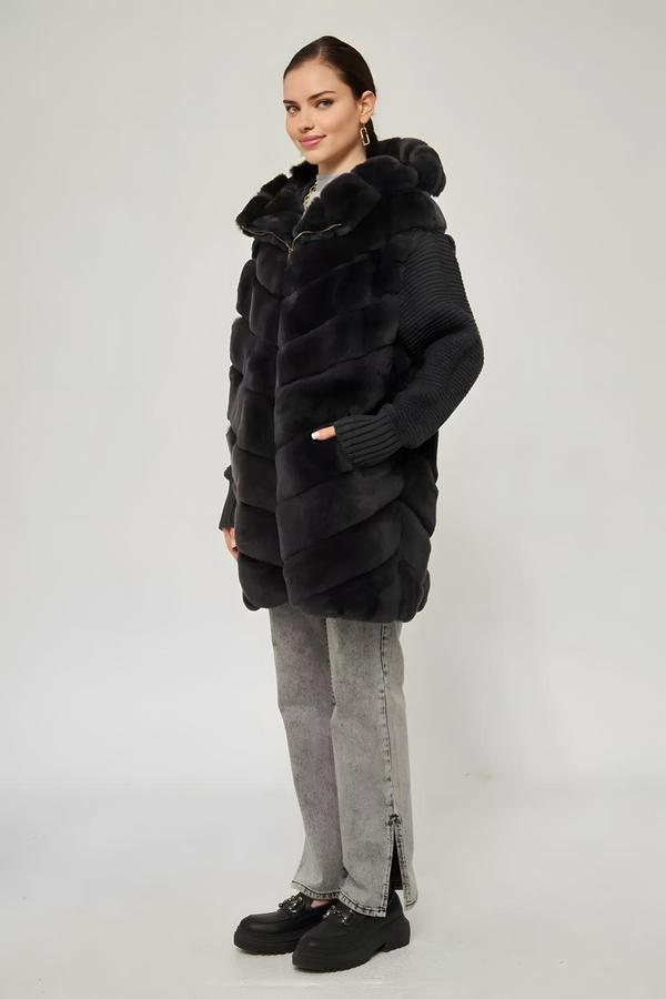 Anthracite Rex Fur Coat with Knitwear Sleeves - Image 3