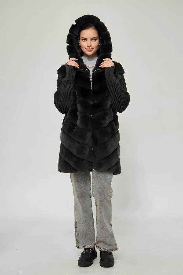 Anthracite Rex Fur Coat with Knitwear Sleeves