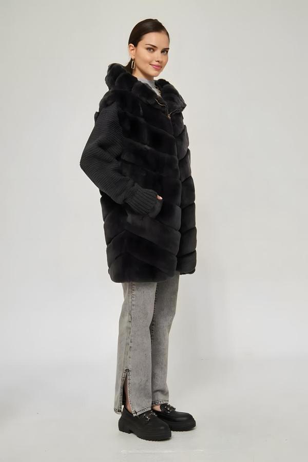 Anthracite Rex Fur Coat with Knitwear Sleeves - Image 2