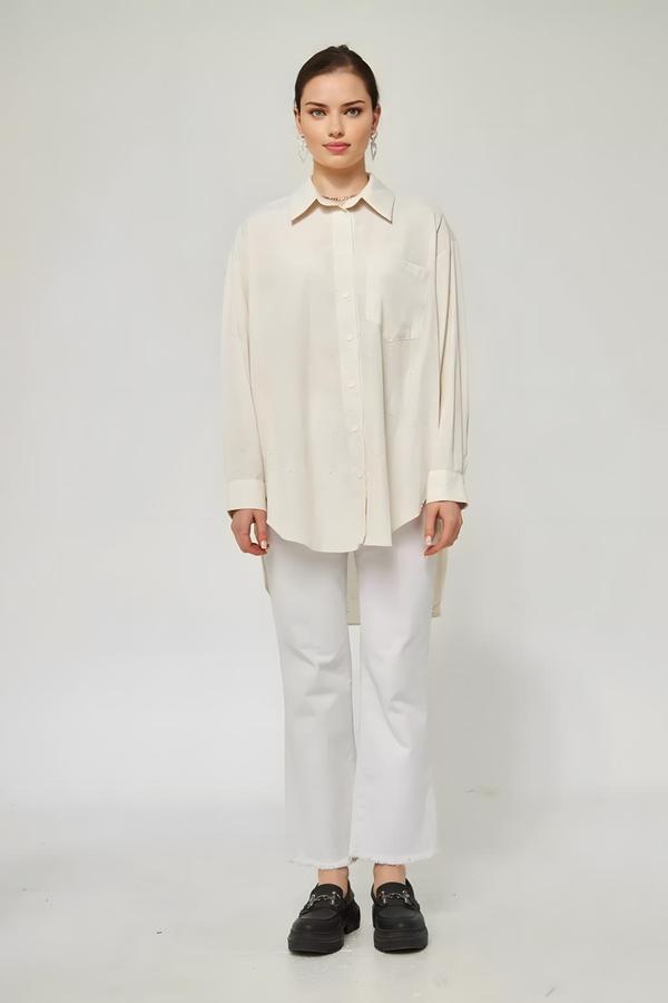 Short Front and Long Back Oversized Ecru Crushed Shirt - Image 2