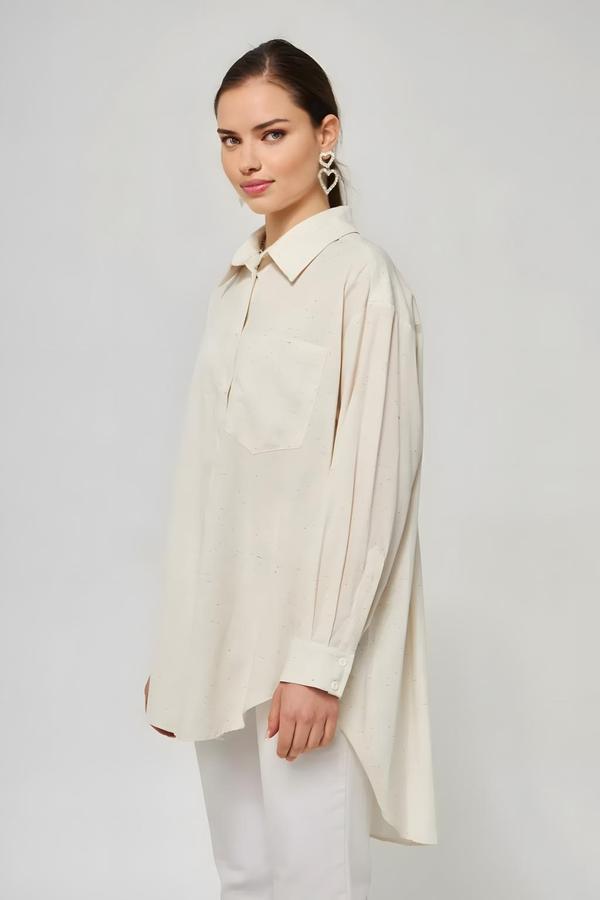 Short Front and Long Back Oversized Ecru Crushed Shirt - Image 3