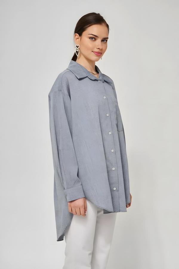 Oversized Navy Blue Crushed Shirt with Short Front and Long Back - Image 3