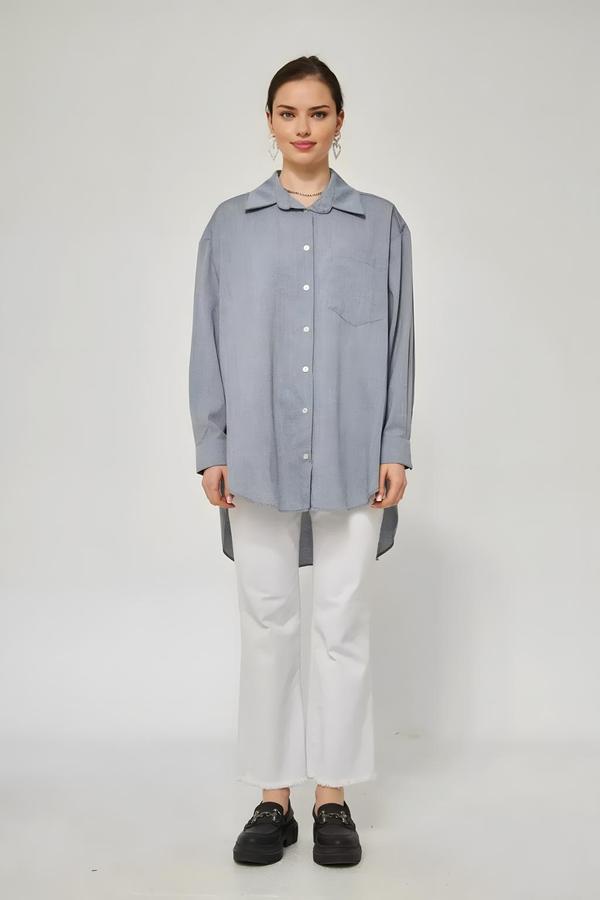 Oversized Navy Blue Crushed Shirt with Short Front and Long Back - Image 2