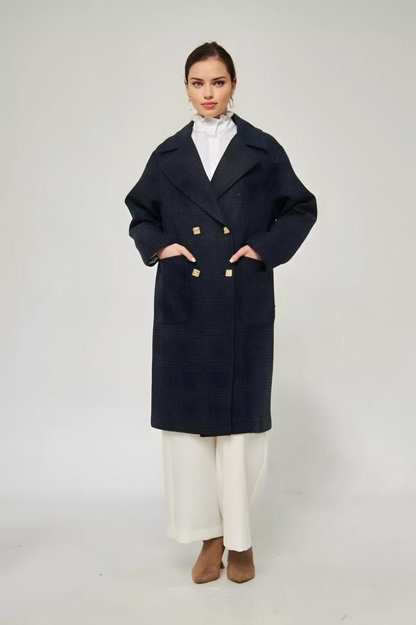 Classic Men’s Collar Navy Blue Women’s Coat - Image 3