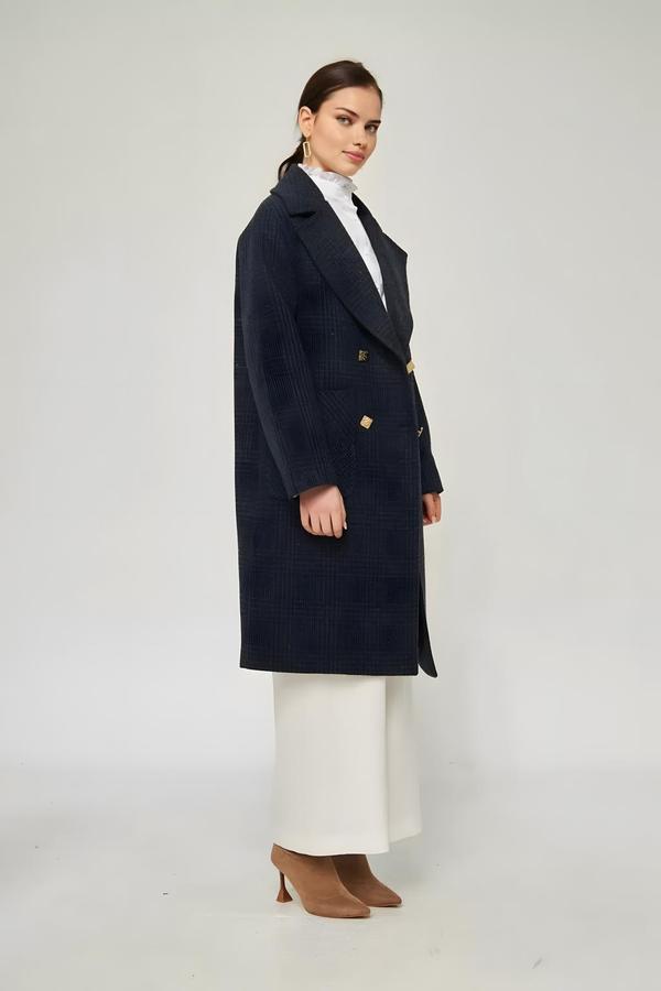 Classic Men’s Collar Navy Blue Women’s Coat - Image 2
