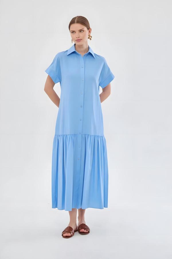 Short Sleeve Blue Shirt Dress - Image 2