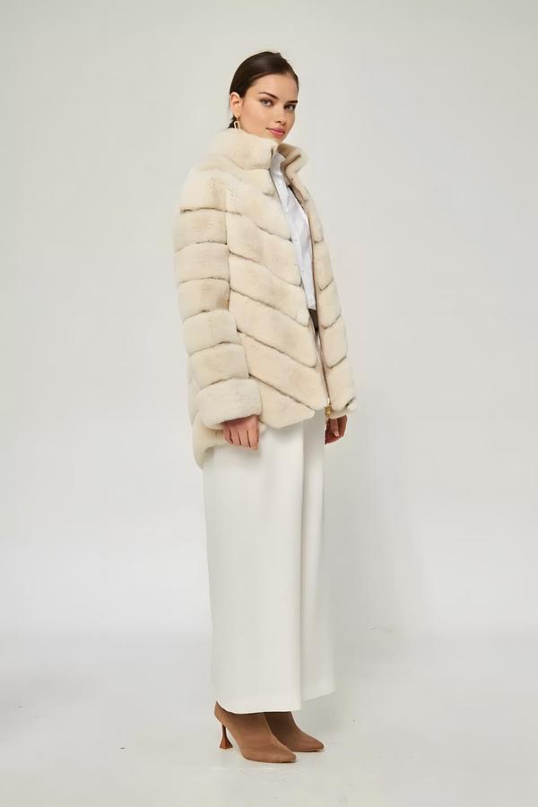 Beige Rex Fur Coat with Front Zipper - Image 2