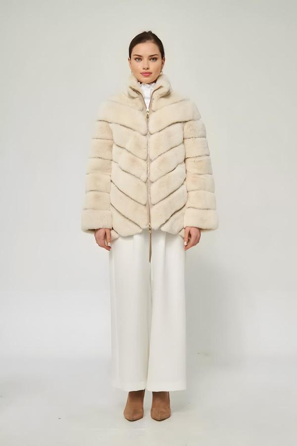 Beige Rex Fur Coat with Front Zipper