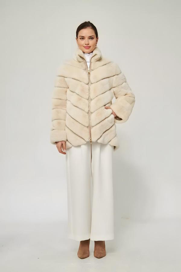 Beige Rex Fur Coat with Front Zipper - Image 3