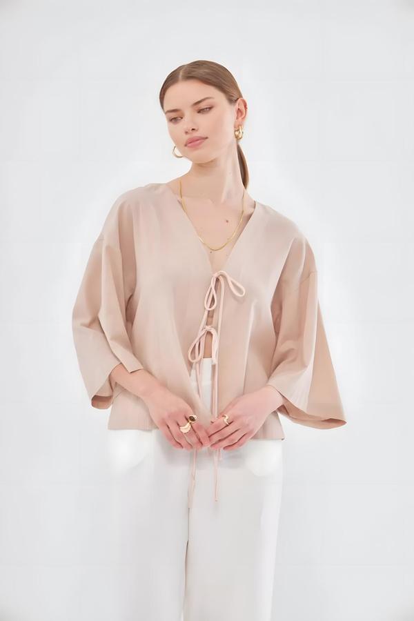 Light Brown Short Kimono with Tie Front - Image 2