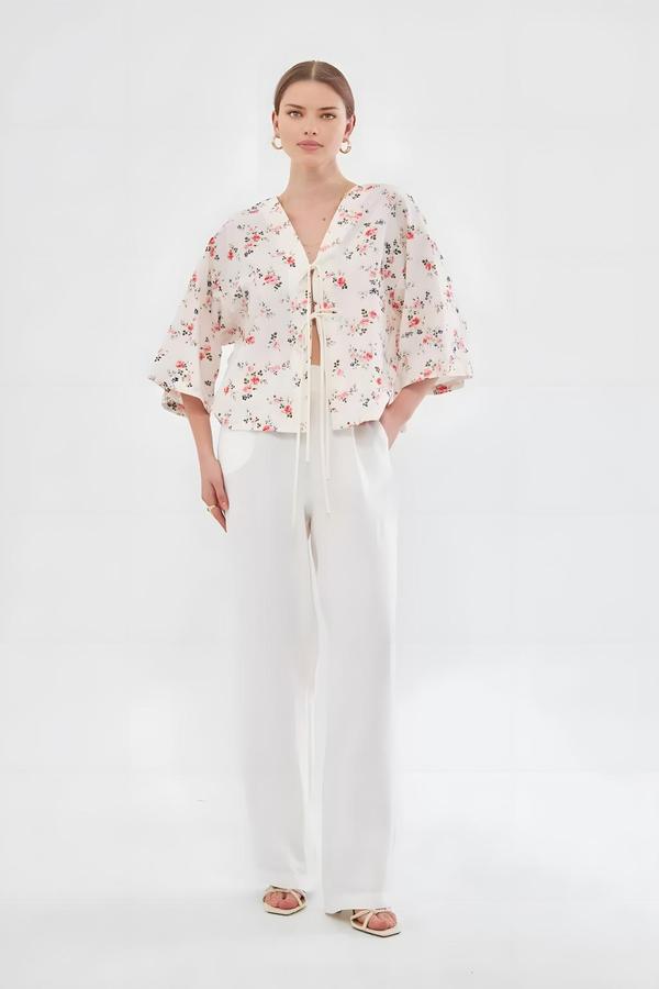 Floral Short Kimono with Tie Front