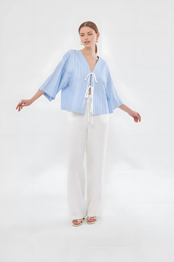 Blue Short Kimono with Tie Front