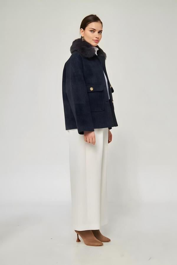 Navy Blue Women’s Coat with Plush Collar - Image 2