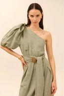 One Sleeve Belted Green Linen Dress