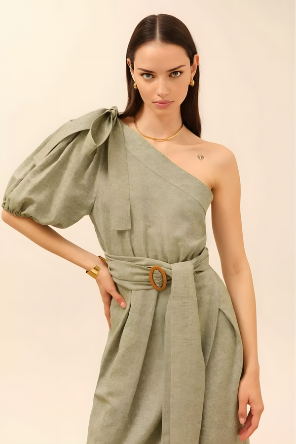 One Sleeve Belted Green Linen Dress - Image 4