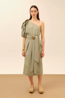 One Sleeve Belted Green Linen Dress