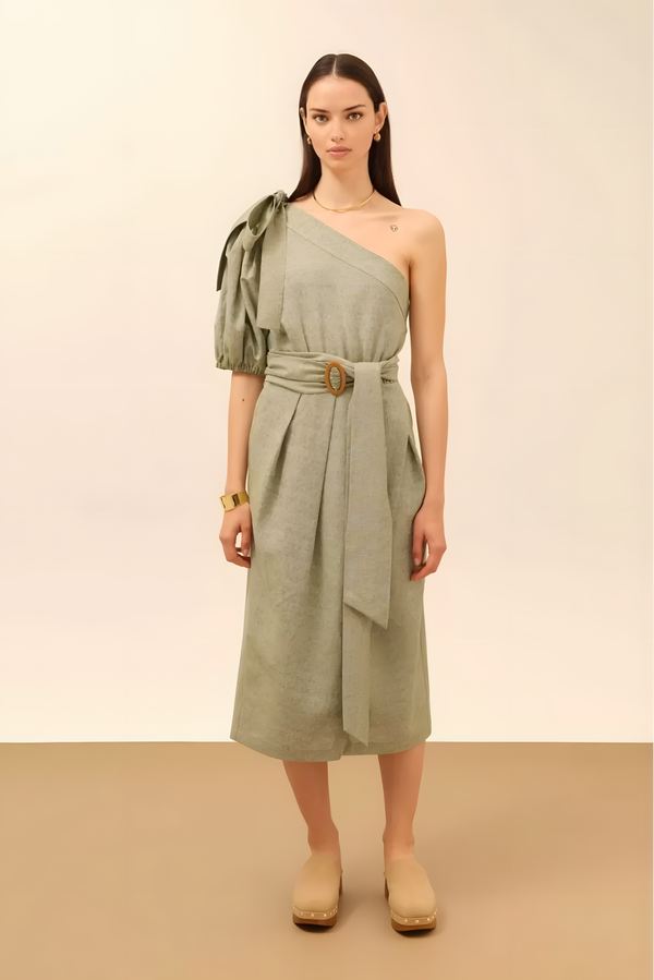 One Sleeve Belted Green Linen Dress