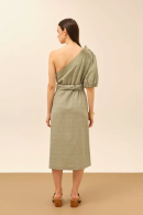 One Sleeve Belted Green Linen Dress