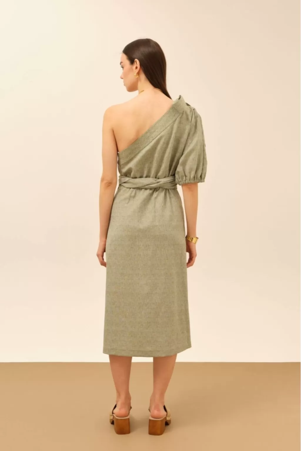 One Sleeve Belted Green Linen Dress - Image 3