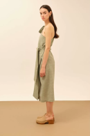 One Sleeve Belted Green Linen Dress